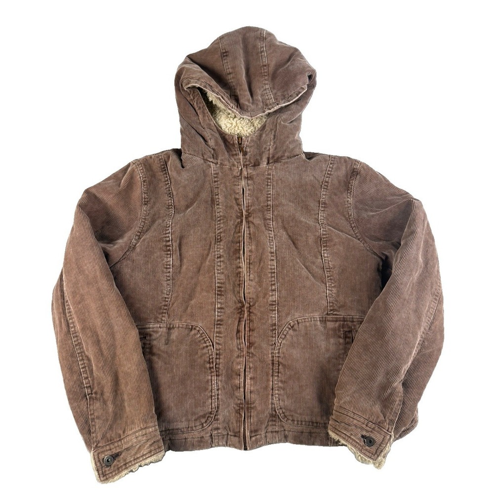 New York Classics Jacket Womens L Brown Corduroy Sherpa Hood Floral Lined